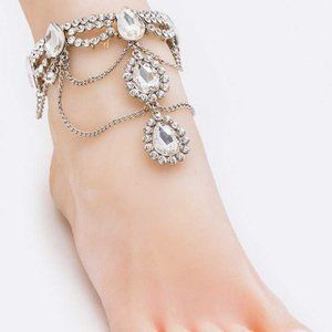 Crystal Statement Anklet Ankle Bracelet Teardrop- Silver Clear